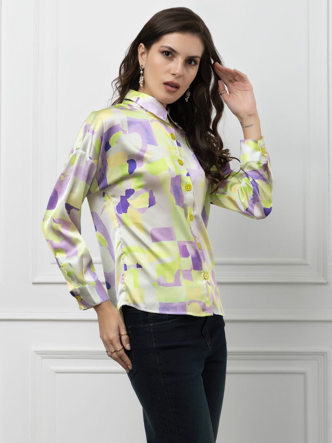 Beatnik Green Spread Collar Satin Womens Western Shirt