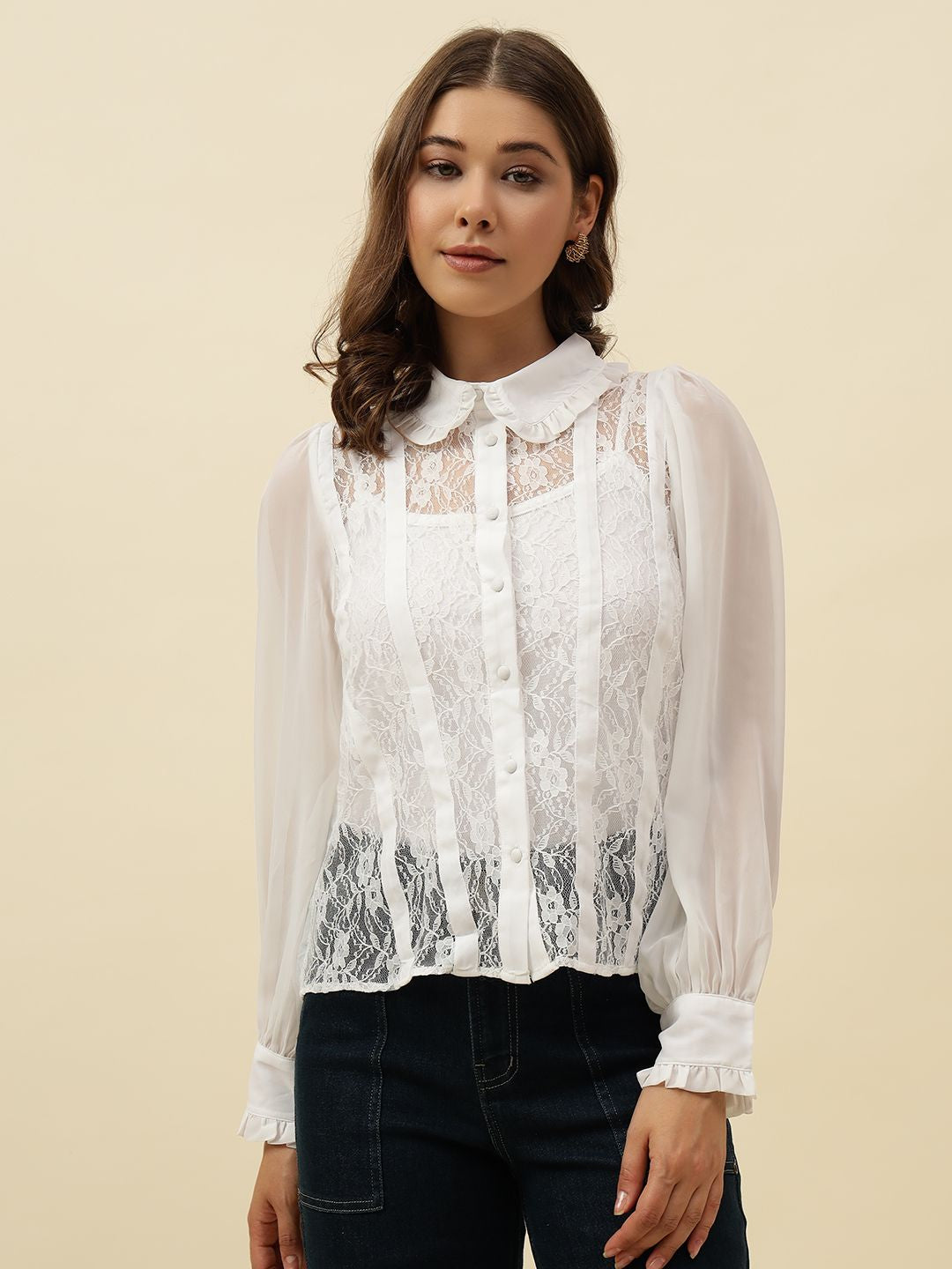 White Western Spread Collar Full Sleeve Shirt Beatnik