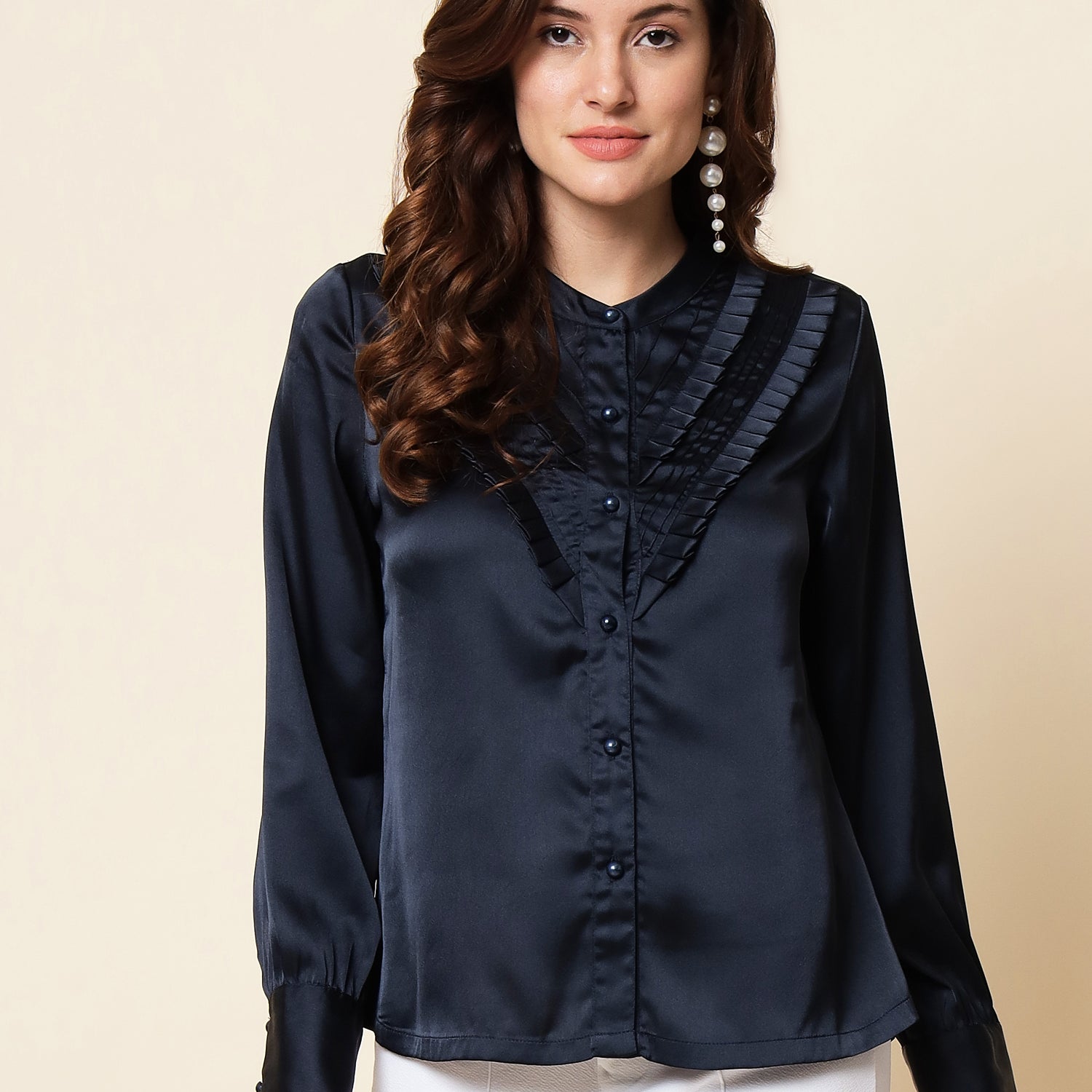 Beatnik Spread Collar Full Sleeve Navy Blue Women Shirt Beatnik India