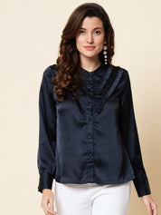 Beatnik Spread Collar Full Sleeve Navy Blue Women Shirt Beatnik India