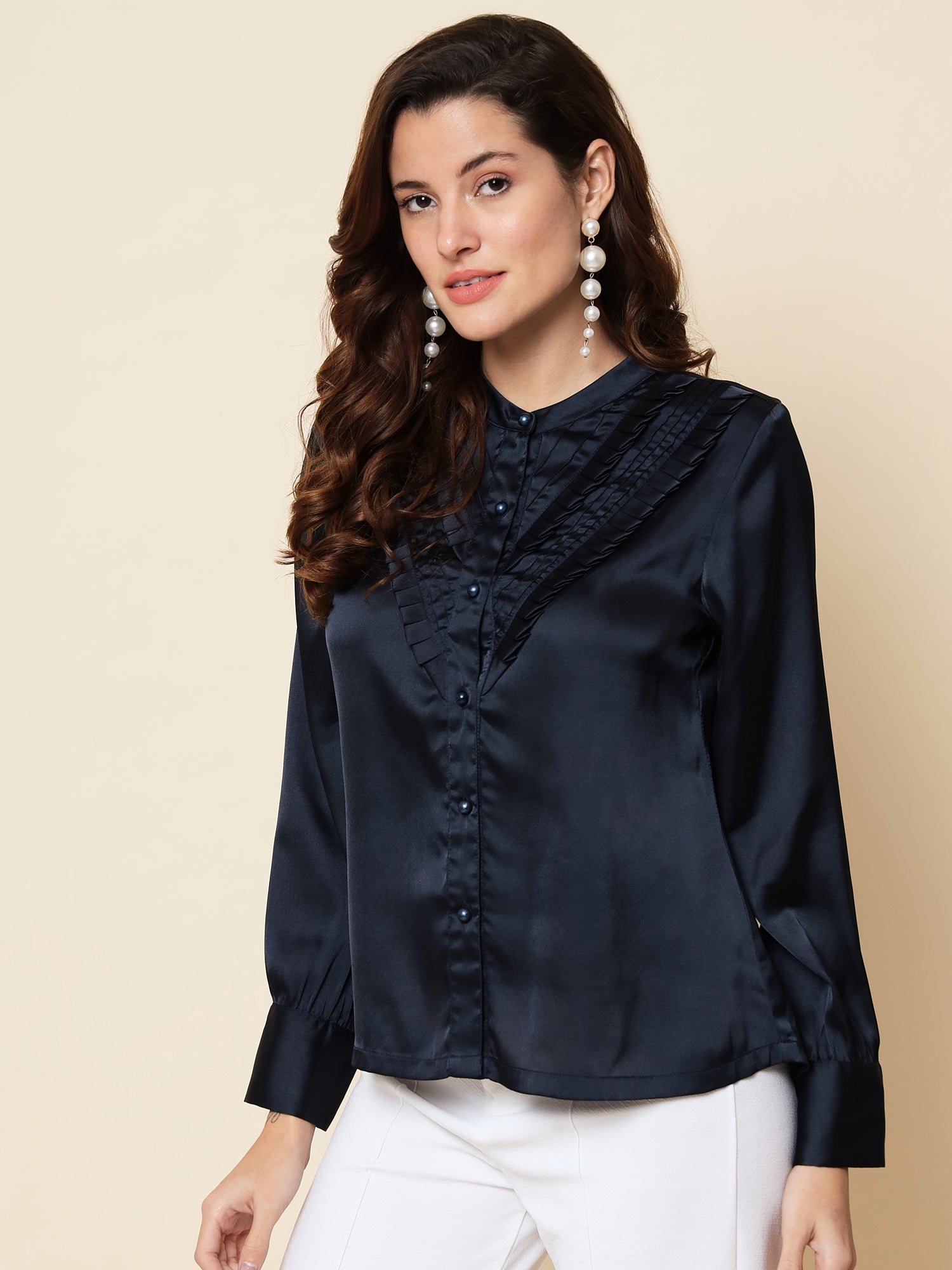 Beatnik Spread Collar Full Sleeve Navy Blue Women Shirt