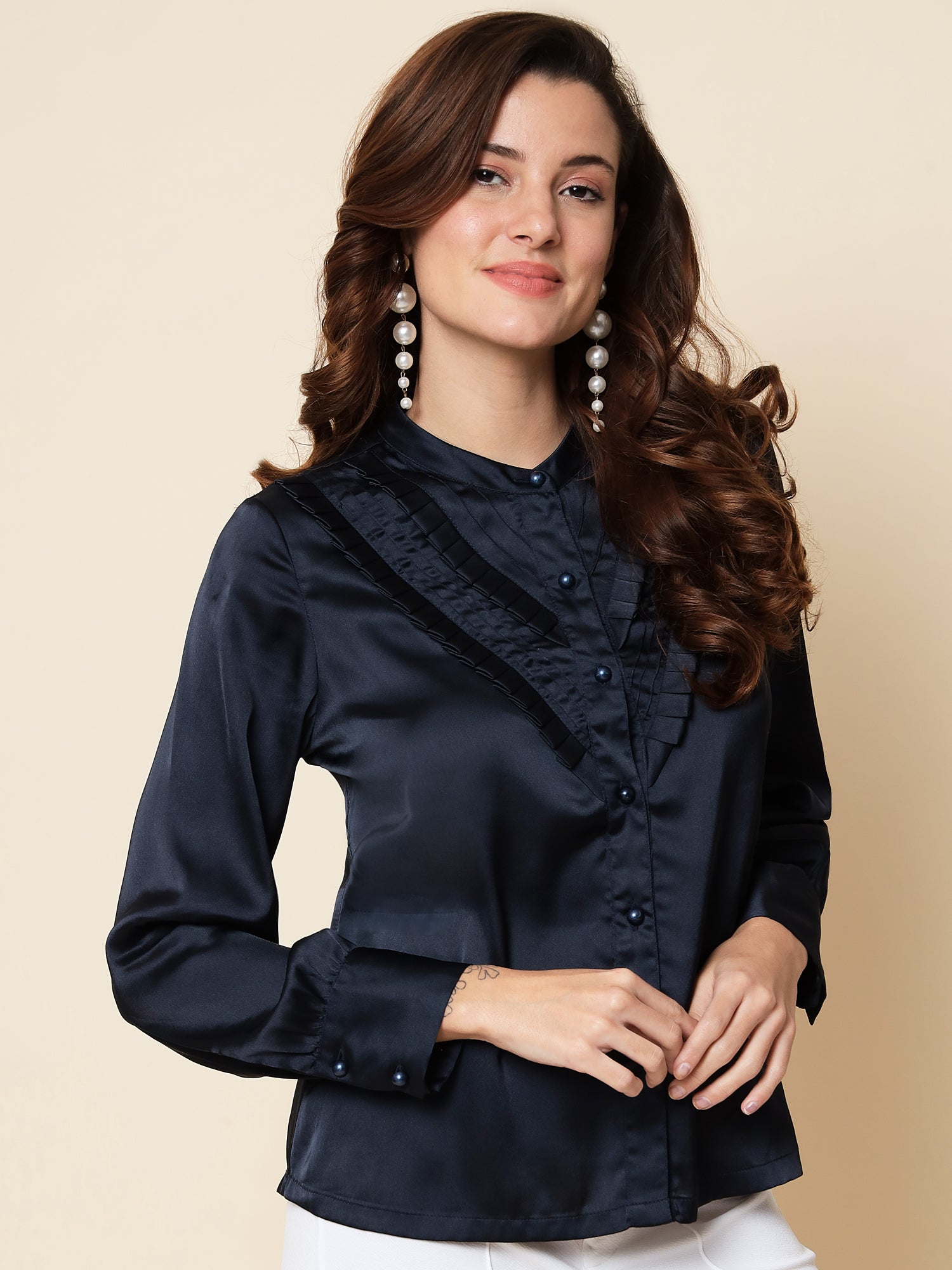 Beatnik Spread Collar Full Sleeve Navy Blue Women Shirt Beatnik India