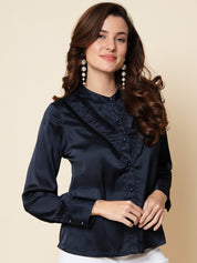 Beatnik Spread Collar Full Sleeve Navy Blue Women Shirt