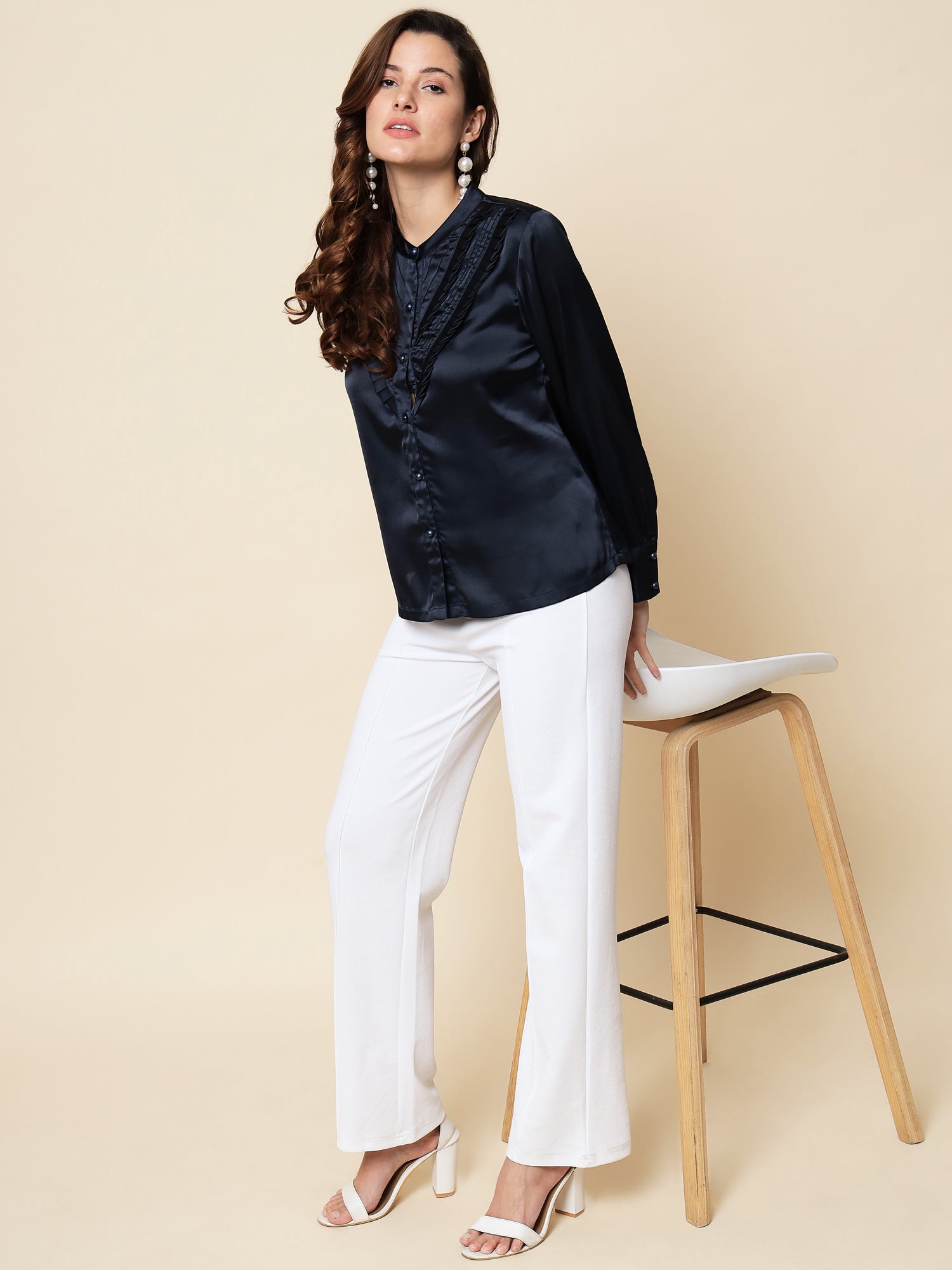 Beatnik Spread Collar Full Sleeve Navy Blue Women Shirt