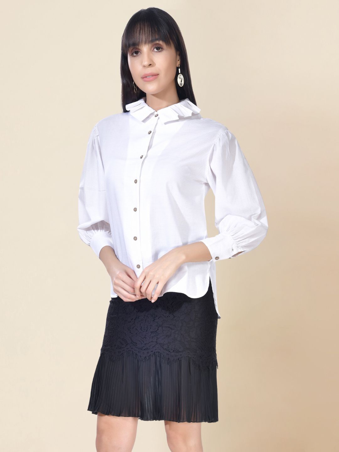 Beatnik Cotton Blend Spread Collar White Womens Shirt