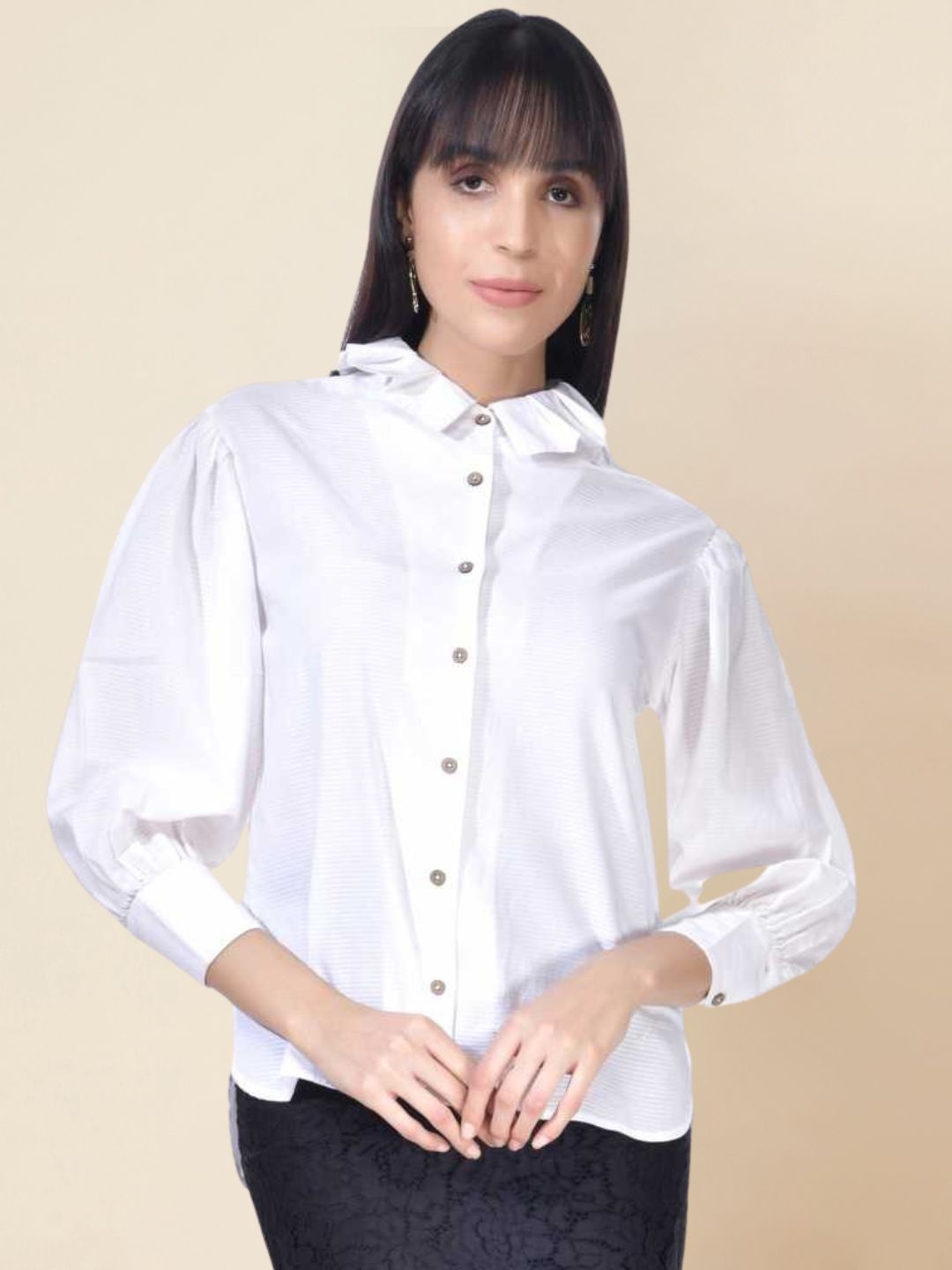 Beatnik Cotton Blend Spread Collar White Womens Shirt