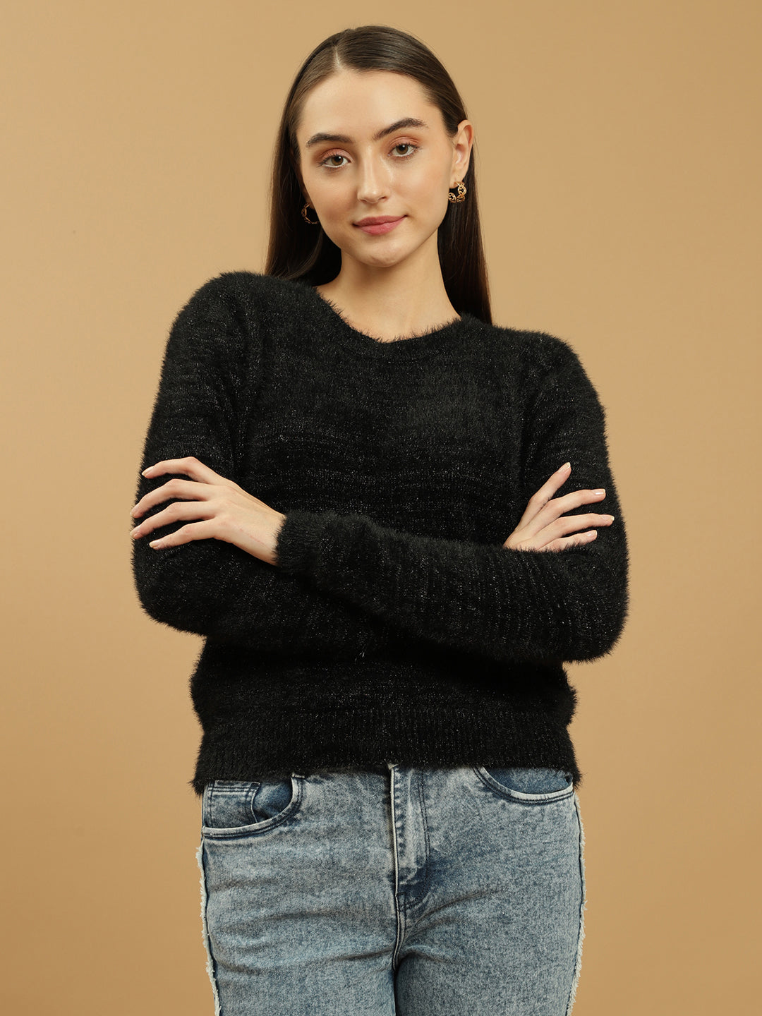 Beatnik Black Glitter Regular Full Sleeves Pull Over Women's Sweaters