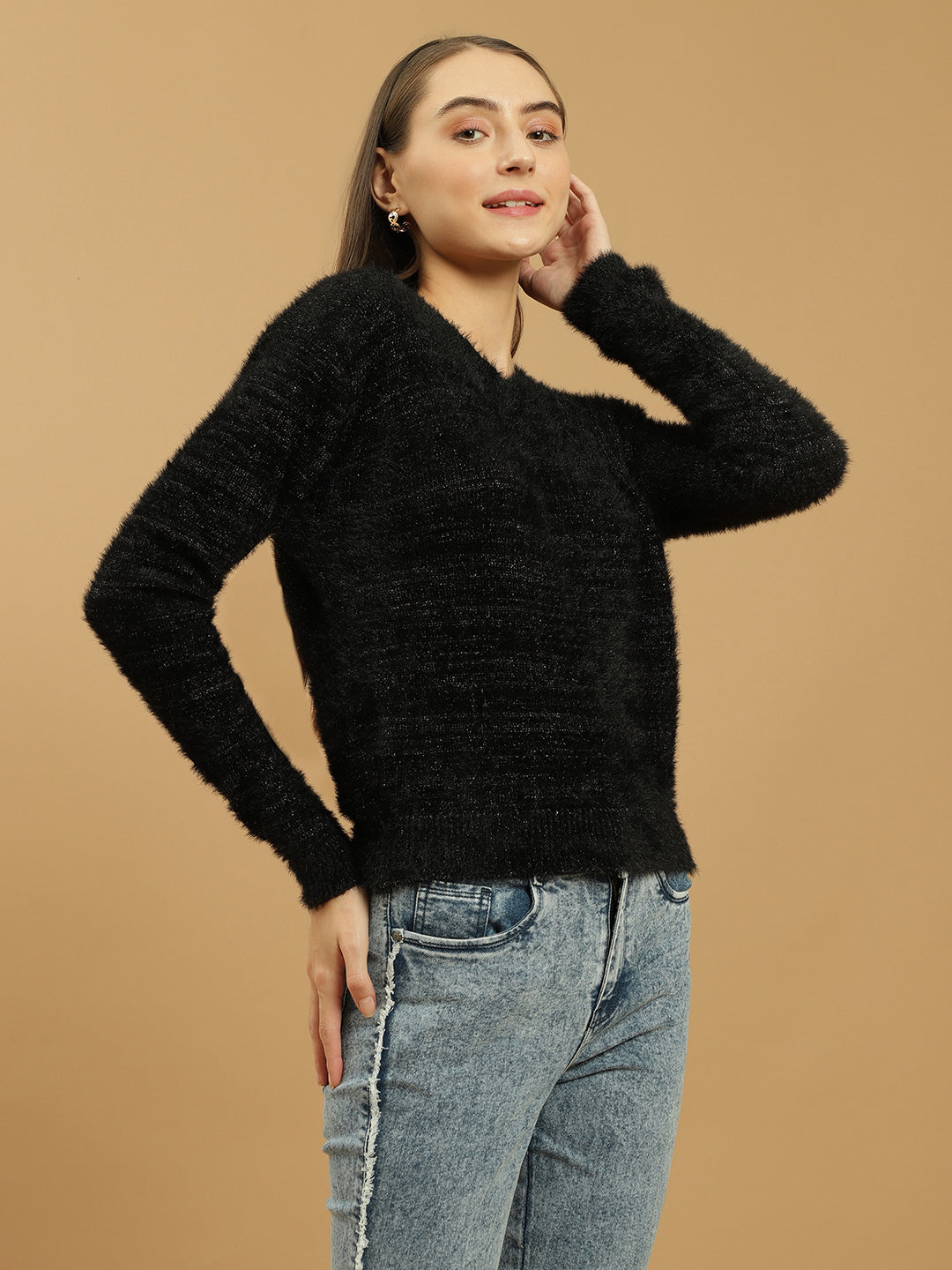 Beatnik Black Glitter Regular Full Sleeves Pull Over Women's Sweaters