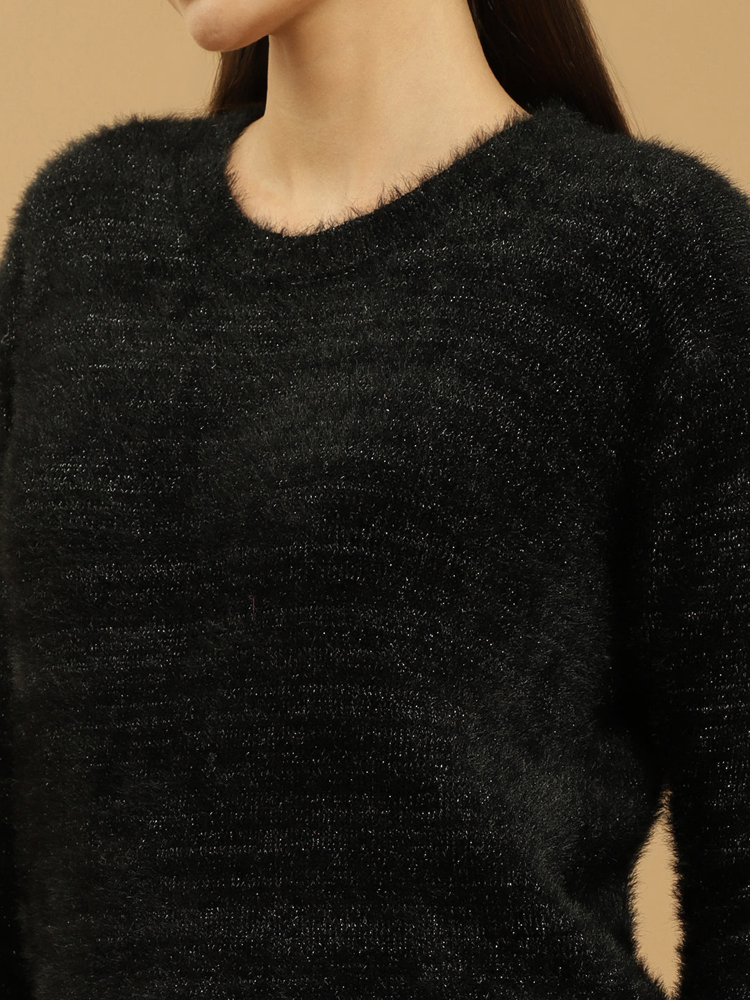 Beatnik Black Glitter Regular Full Sleeves Pull Over Women's Sweaters