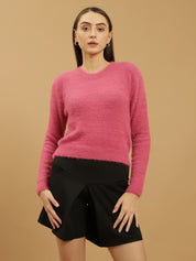 Beatnik Glitter Regular Full Sleeves Pull Over Women's Hot Pink Sweaters