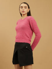 Beatnik Glitter Regular Full Sleeves Pull Over Women's Hot Pink Sweaters