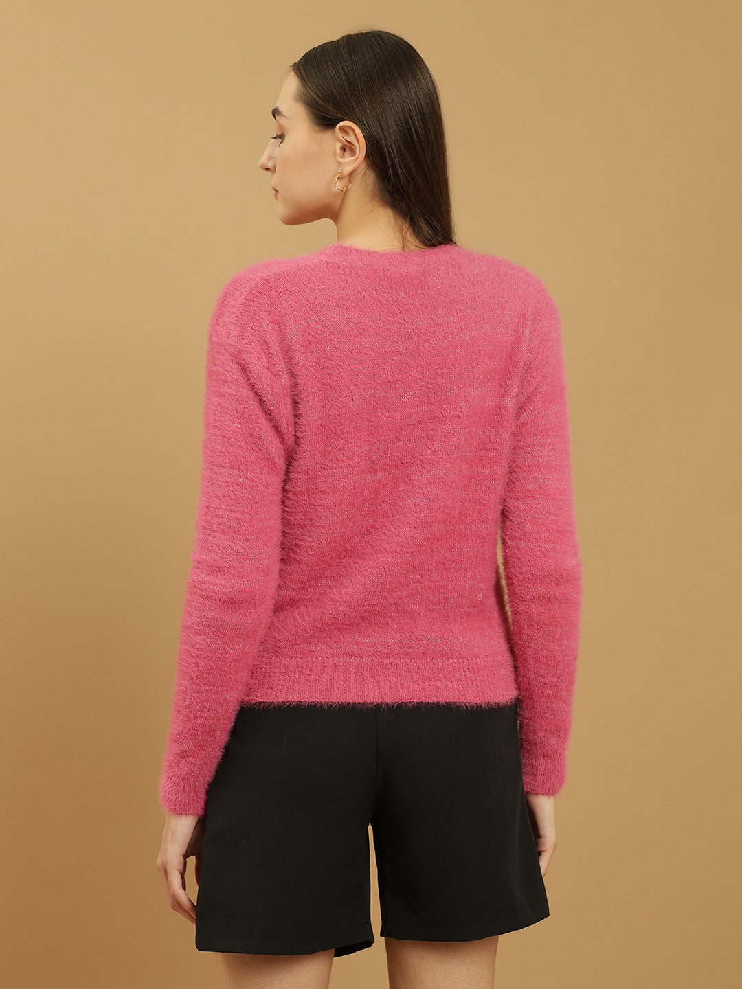 Beatnik Glitter Regular Full Sleeves Pull Over Women's Hot Pink Sweaters