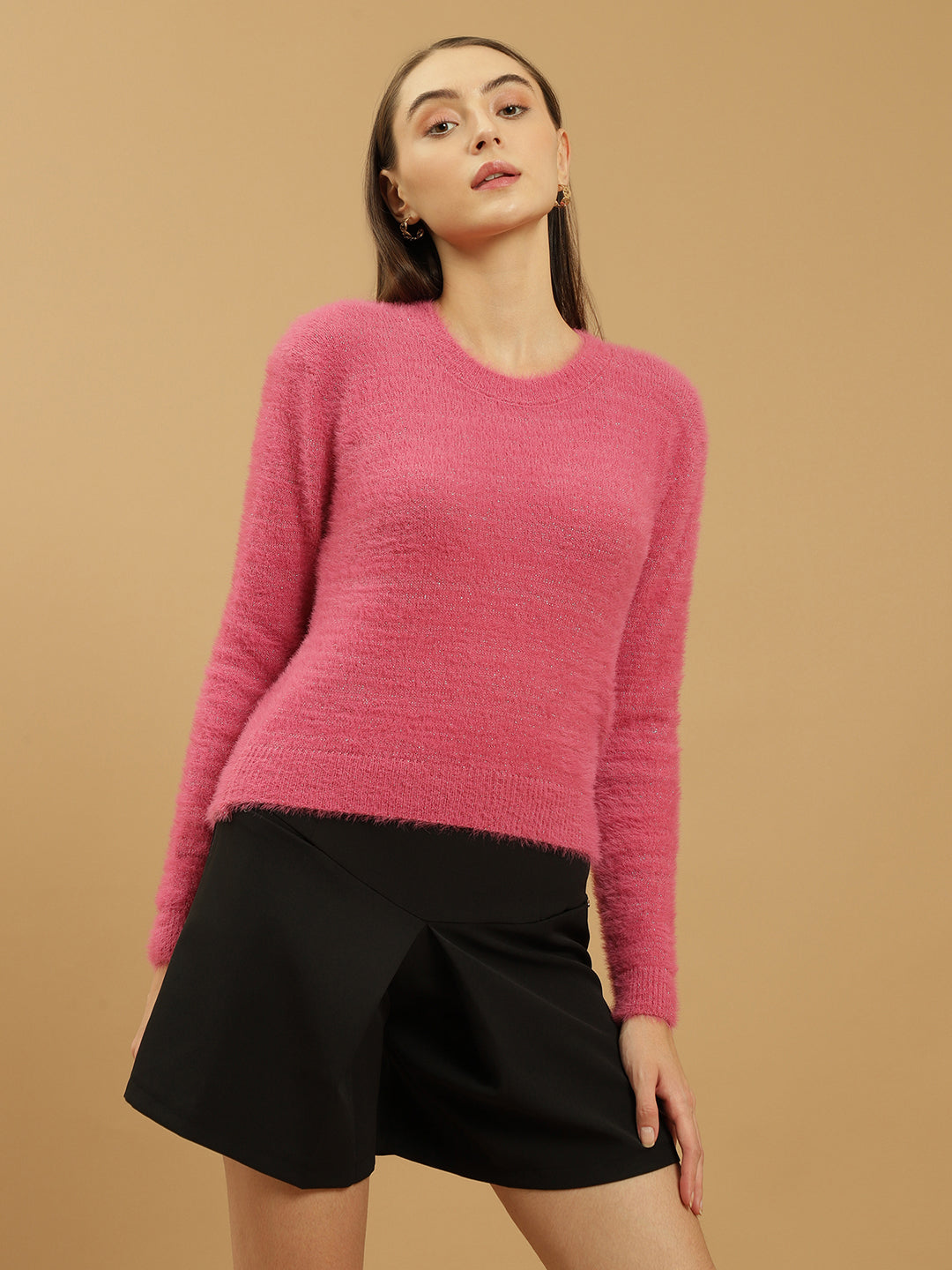 Beatnik Glitter Regular Full Sleeves Pull Over Women's Hot Pink Sweaters