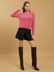 Beatnik Glitter Regular Full Sleeves Pull Over Women's Hot Pink Sweaters