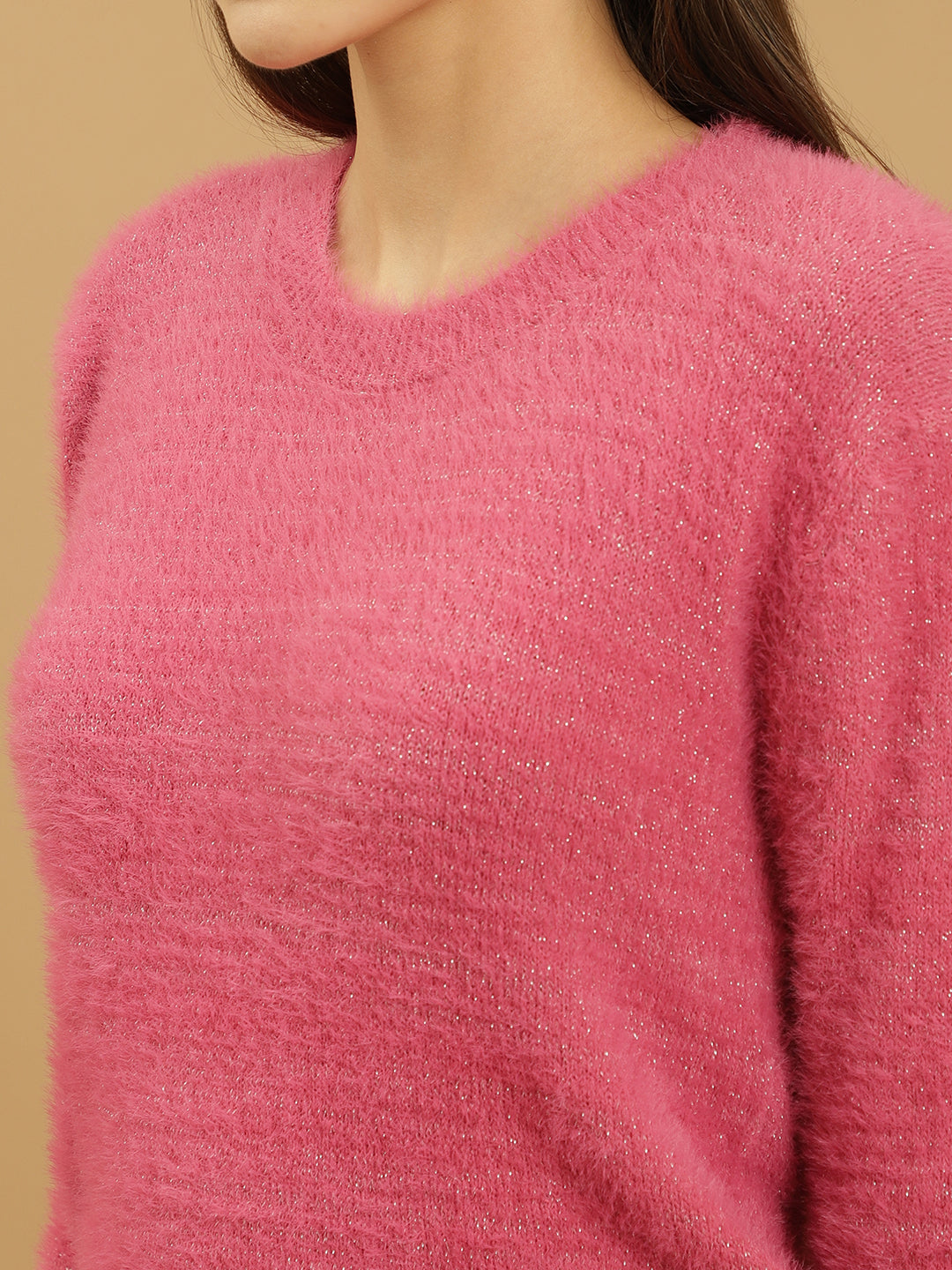 Beatnik Glitter Regular Full Sleeves Pull Over Women's Hot Pink Sweaters