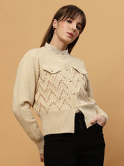 Beatnik Full Sleeves Front Open Abstract Sequins Womens Beige Sweaters