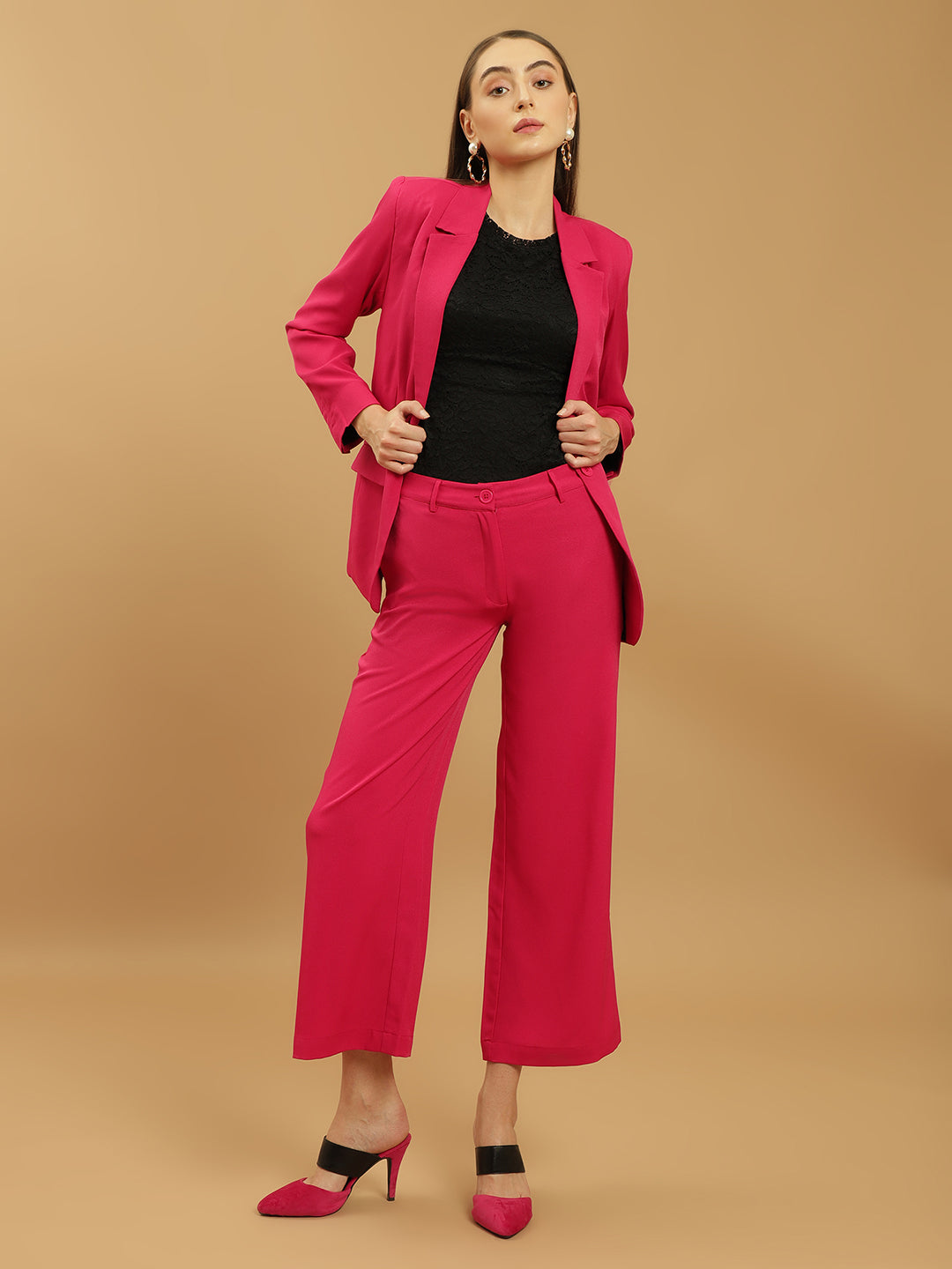 Beatnik Notched Lapel Longline Regular Fuchsia Womens Western Suits