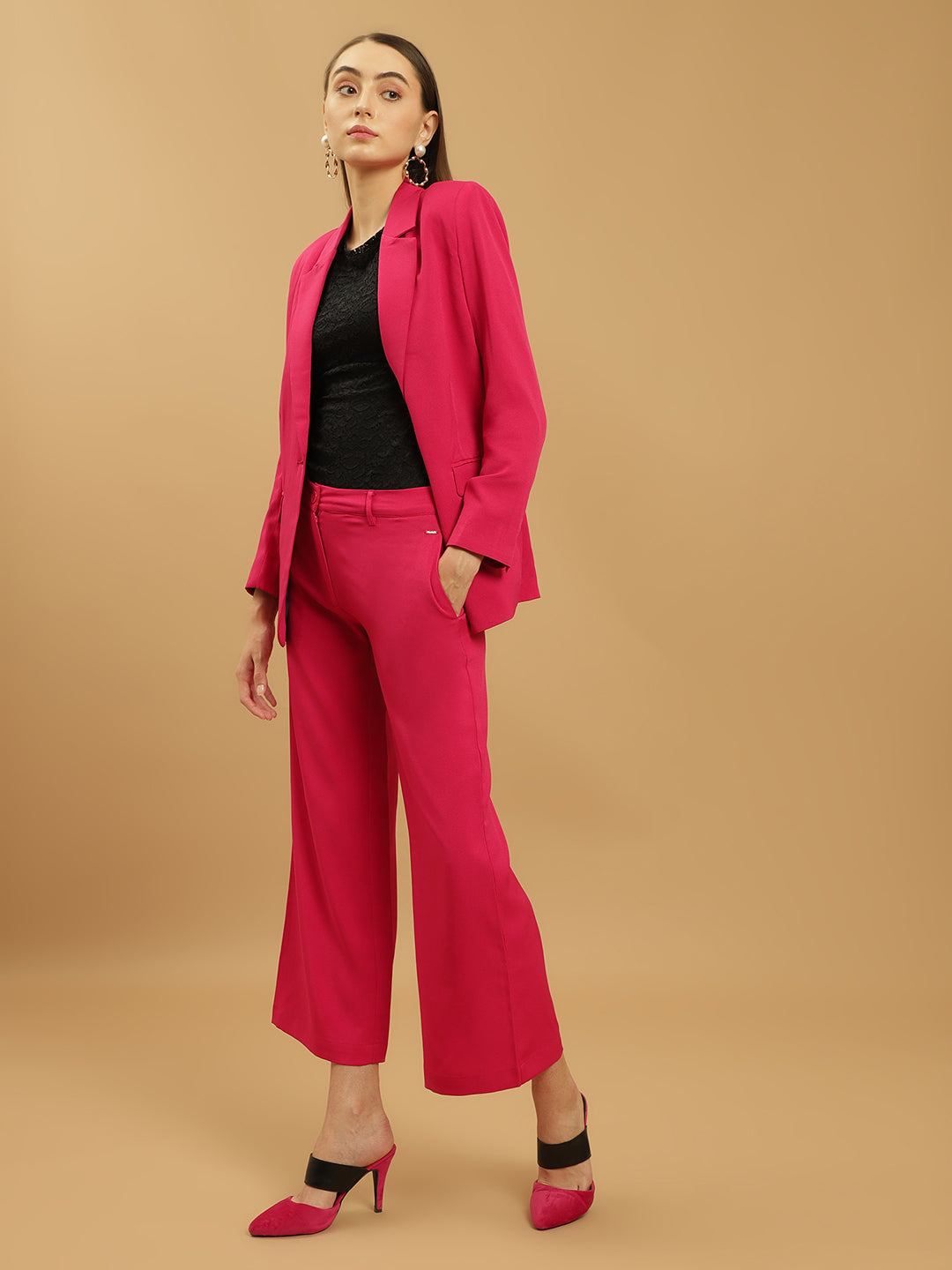 Beatnik Notched Lapel Longline Regular Fuchsia Womens Western Suits