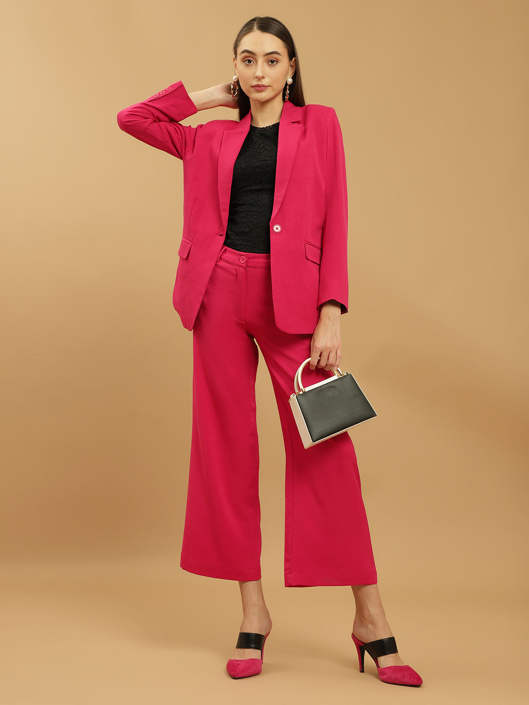 Beatnik Notched Lapel Longline Regular Fuchsia Womens Western Suits