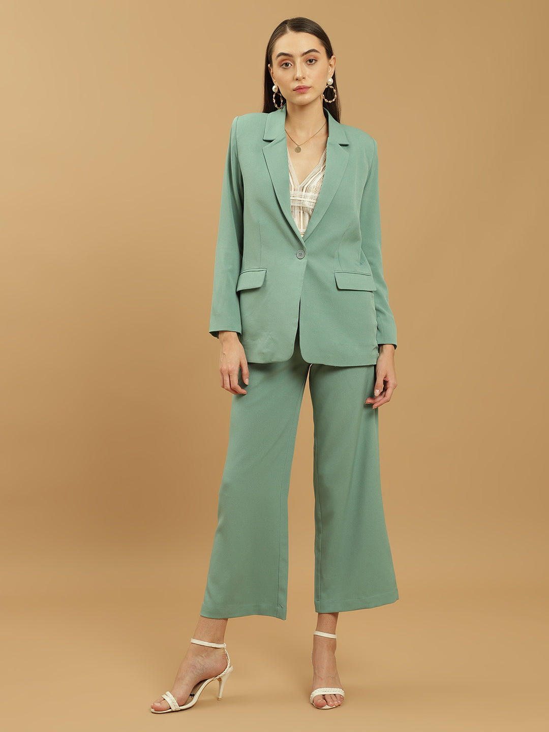 Beatnik Polyester Notched Lapel Longline Regular Sea Green Womens Western Suits