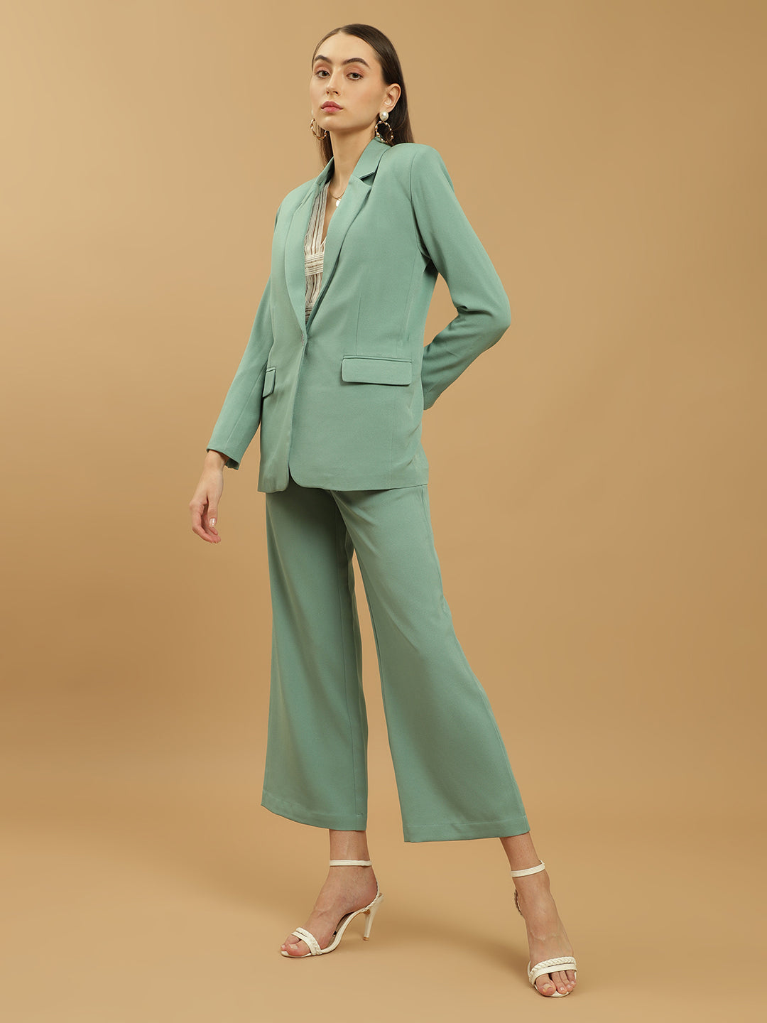 Beatnik Polyester Notched Lapel Longline Regular Sea Green Womens Western Suits