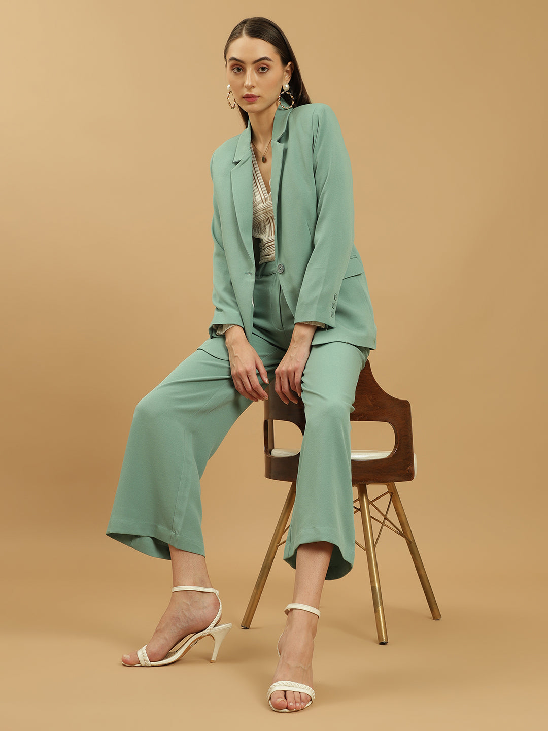 Beatnik Polyester Notched Lapel Longline Regular Sea Green Womens Western Suits