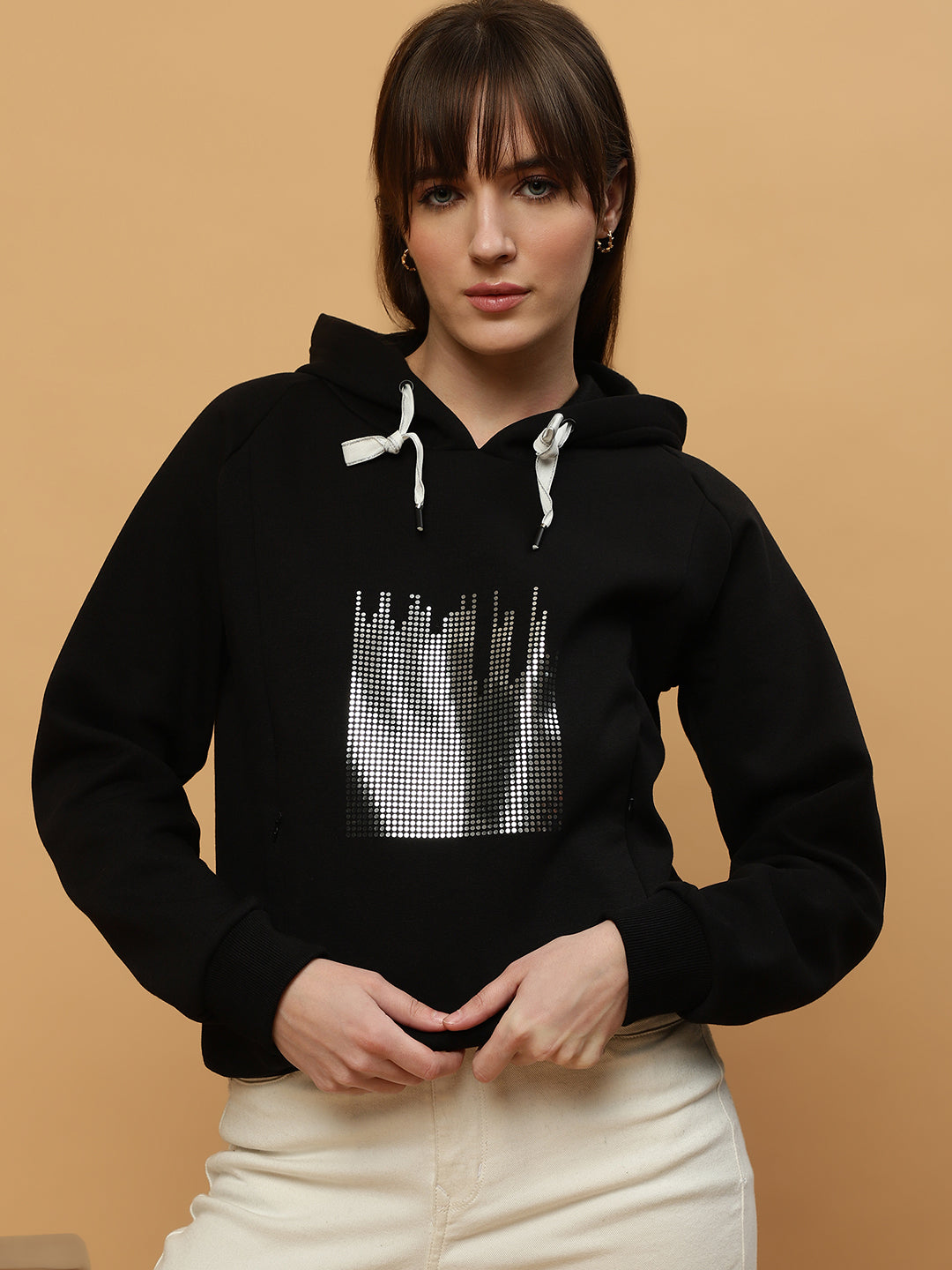 Beatnik Casual Wear V Neck Full Sleeve Hooded Black Sweatshirts