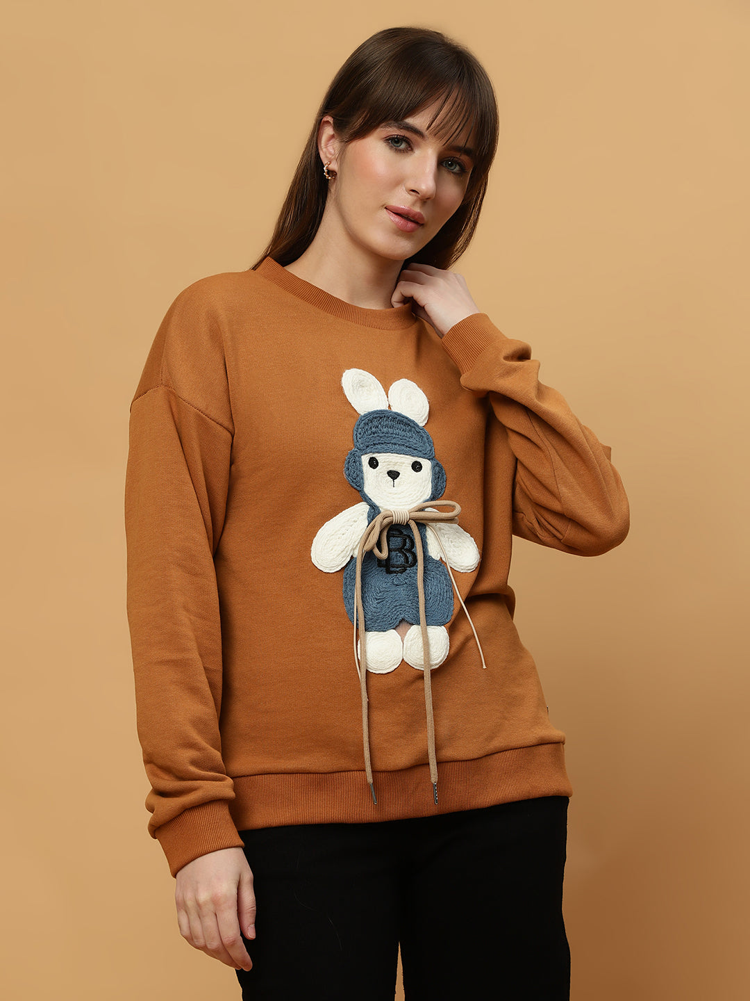 Beatnik Casual Wear Teddy Patch Work Sandy Brown Sweatshirts