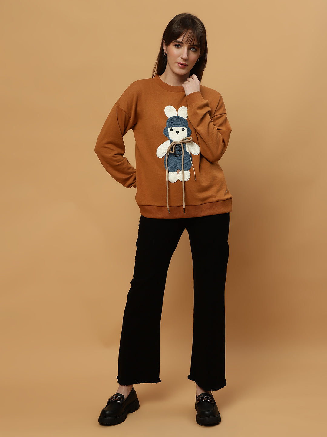 Beatnik Casual Wear Teddy Patch Work Sandy Brown Sweatshirts