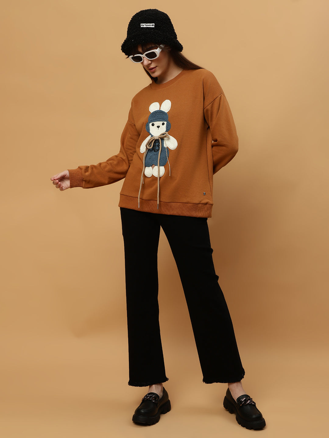 Beatnik Casual Wear Teddy Patch Work Sandy Brown Sweatshirts