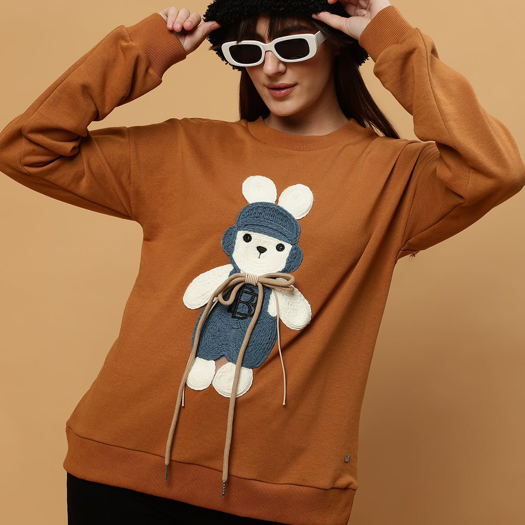 Beatnik Casual Wear Teddy Patch Work Sandy Brown Sweatshirts Beatnik India