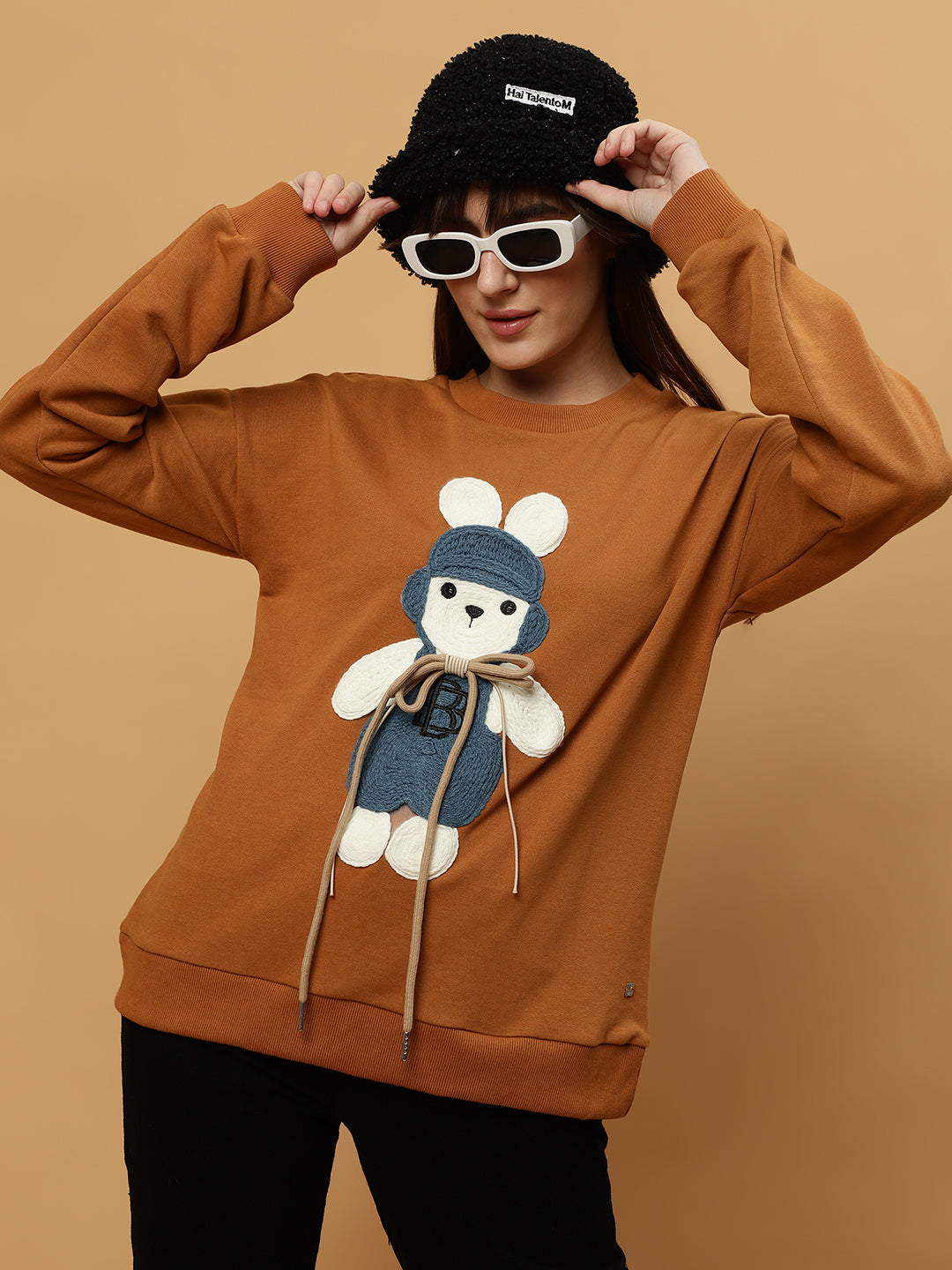 Beatnik Casual Wear Teddy Patch Work Sandy Brown Sweatshirts