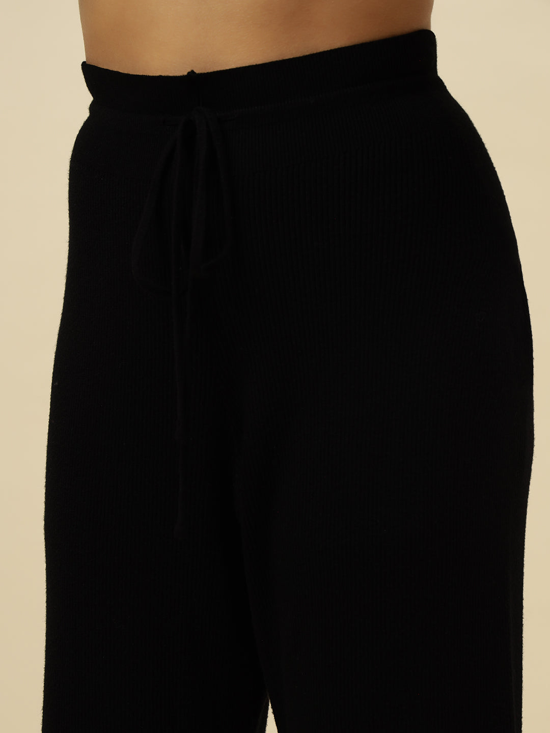 High-Rise Drawstring Ribbed Stretchable Winter Black Treggings