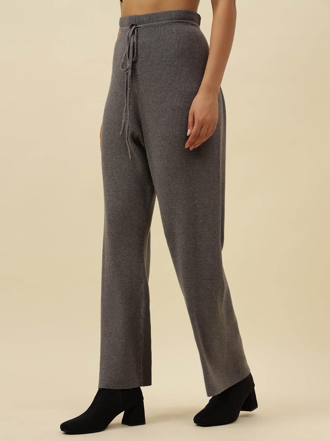 High-Rise Drawstring Ribbed Stretchable Winter Grey Treggings