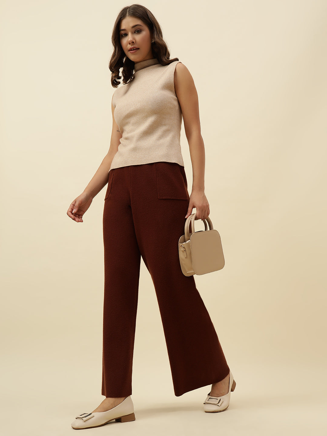 Cozy High-Rise Winter Brown Treggings with Pockets