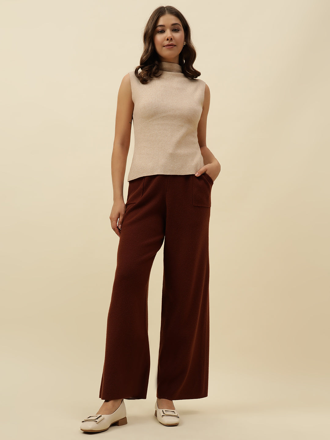 Cozy High-Rise Winter Brown Treggings with Pockets