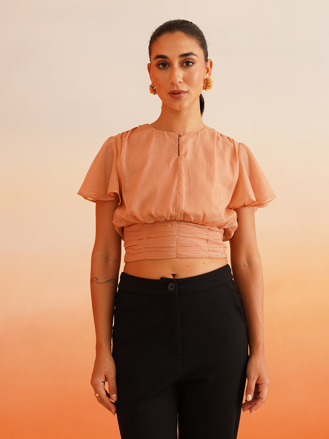 Peach Puff charming Crop Peasant Top