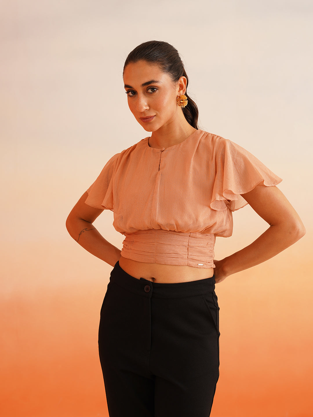 Peach Puff charming Crop Peasant Top Beatnik