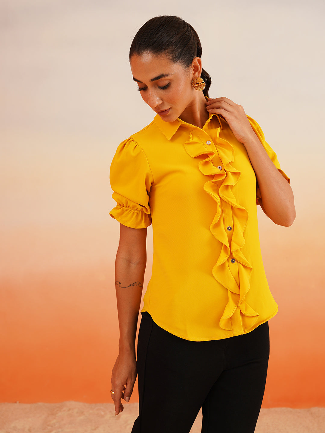 Yellow Ruffle Crepe Shirt Style Top Beatnik