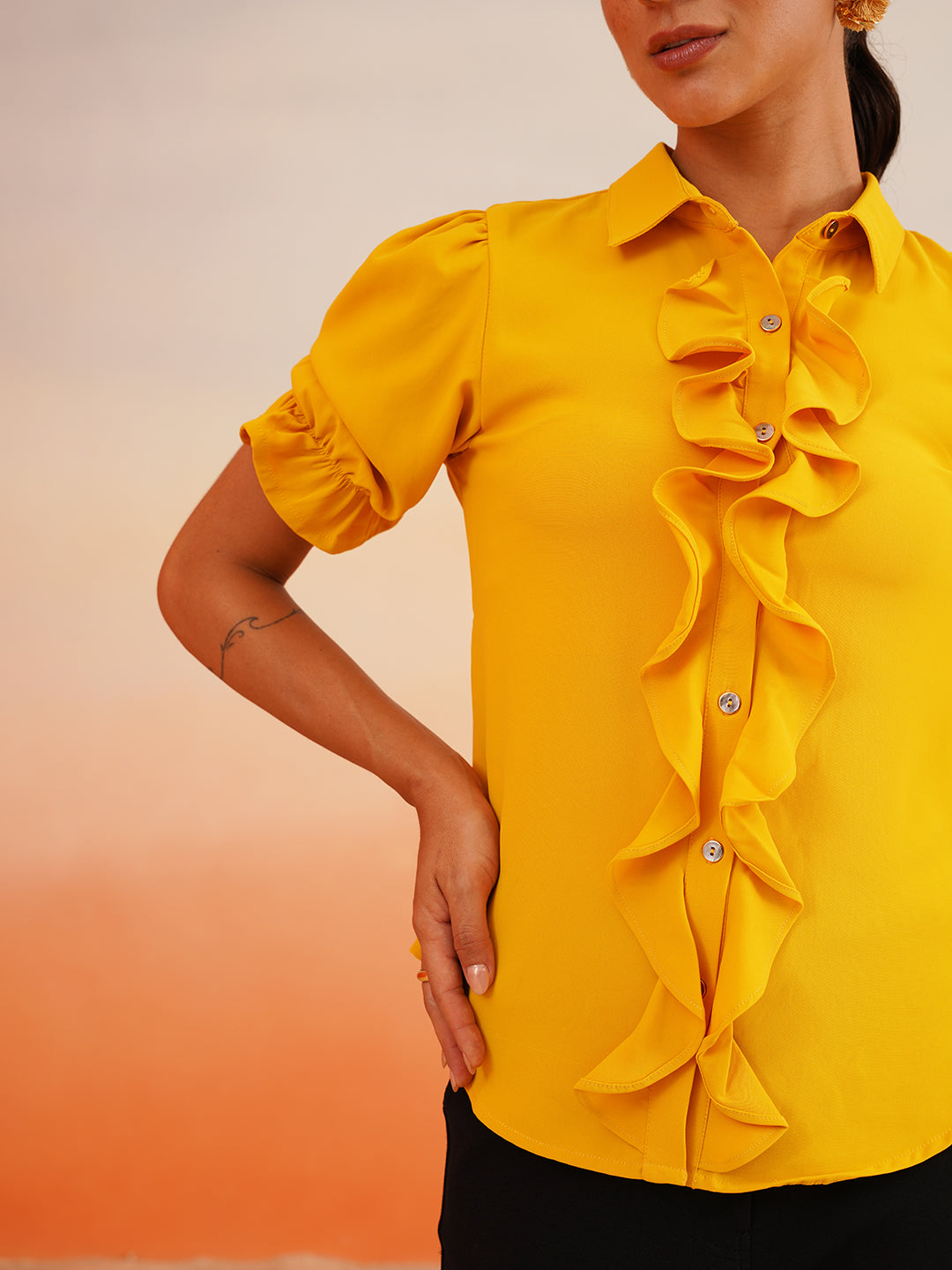 Yellow Ruffle Crepe Shirt Style Top