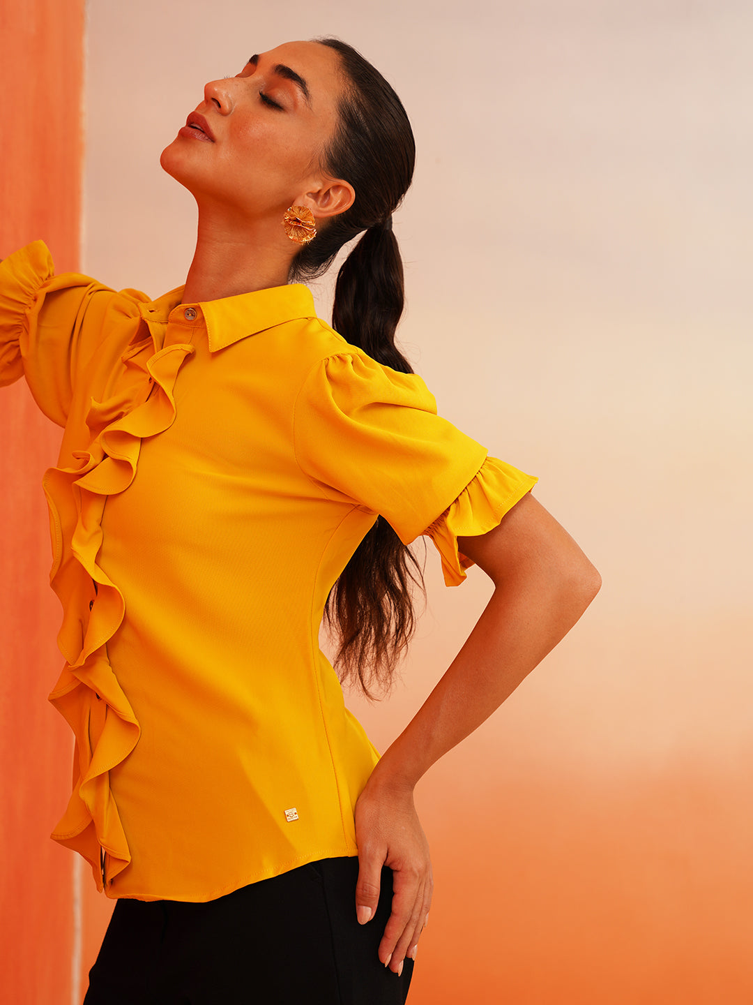 Yellow Ruffle Crepe Shirt Style Top