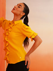 Yellow Ruffle Crepe Shirt Style Top Beatnik