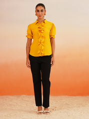 Yellow Ruffle Crepe Shirt Style Top