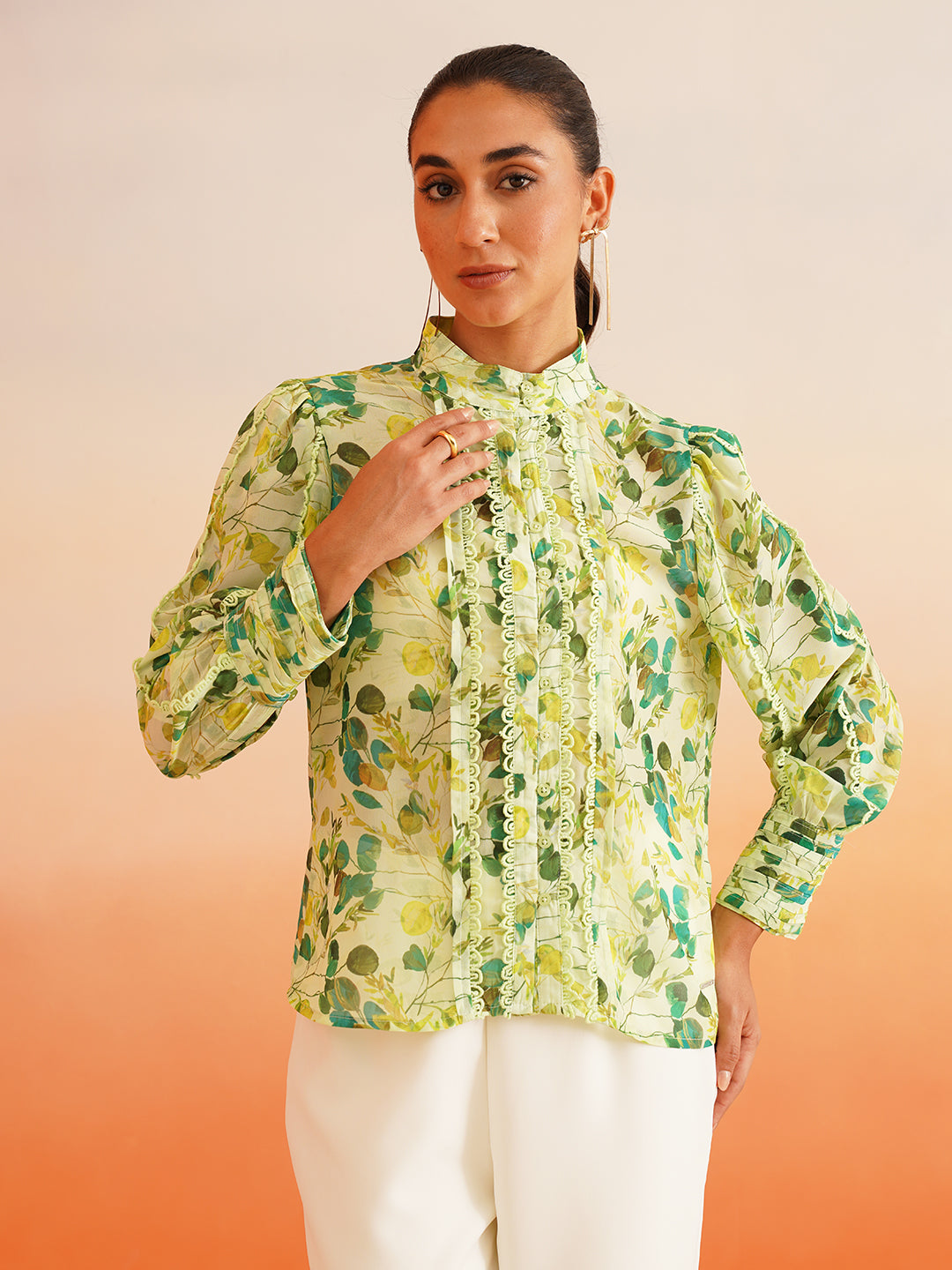 Classic Green Elegant Georgette Shirt Style Top