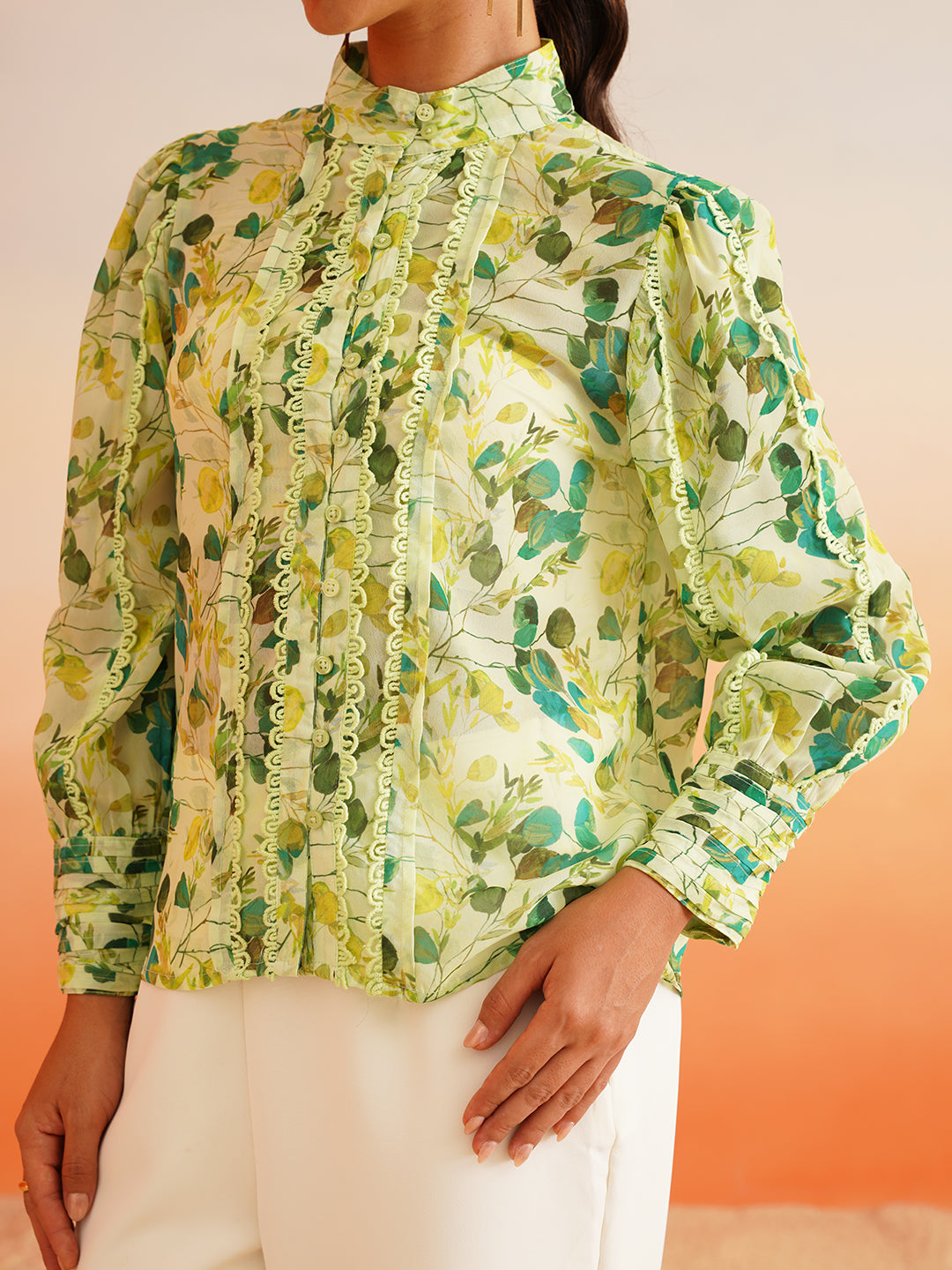 Classic Green Elegant Georgette Shirt Style Top