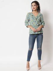 Beatnik Smocked Ruffled Printed Rayon Wrap Top