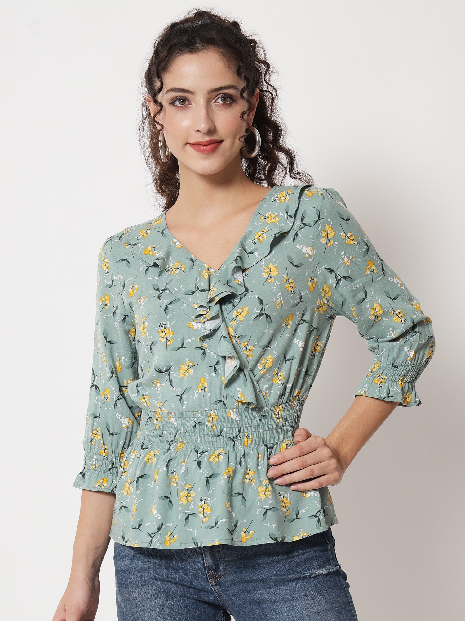 Beatnik Smocked Ruffled Printed Rayon Wrap Top