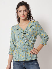 Beatnik Smocked Ruffled Printed Rayon Wrap Top