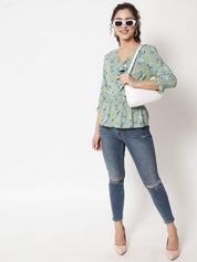 Beatnik Smocked Ruffled Printed Rayon Wrap Top