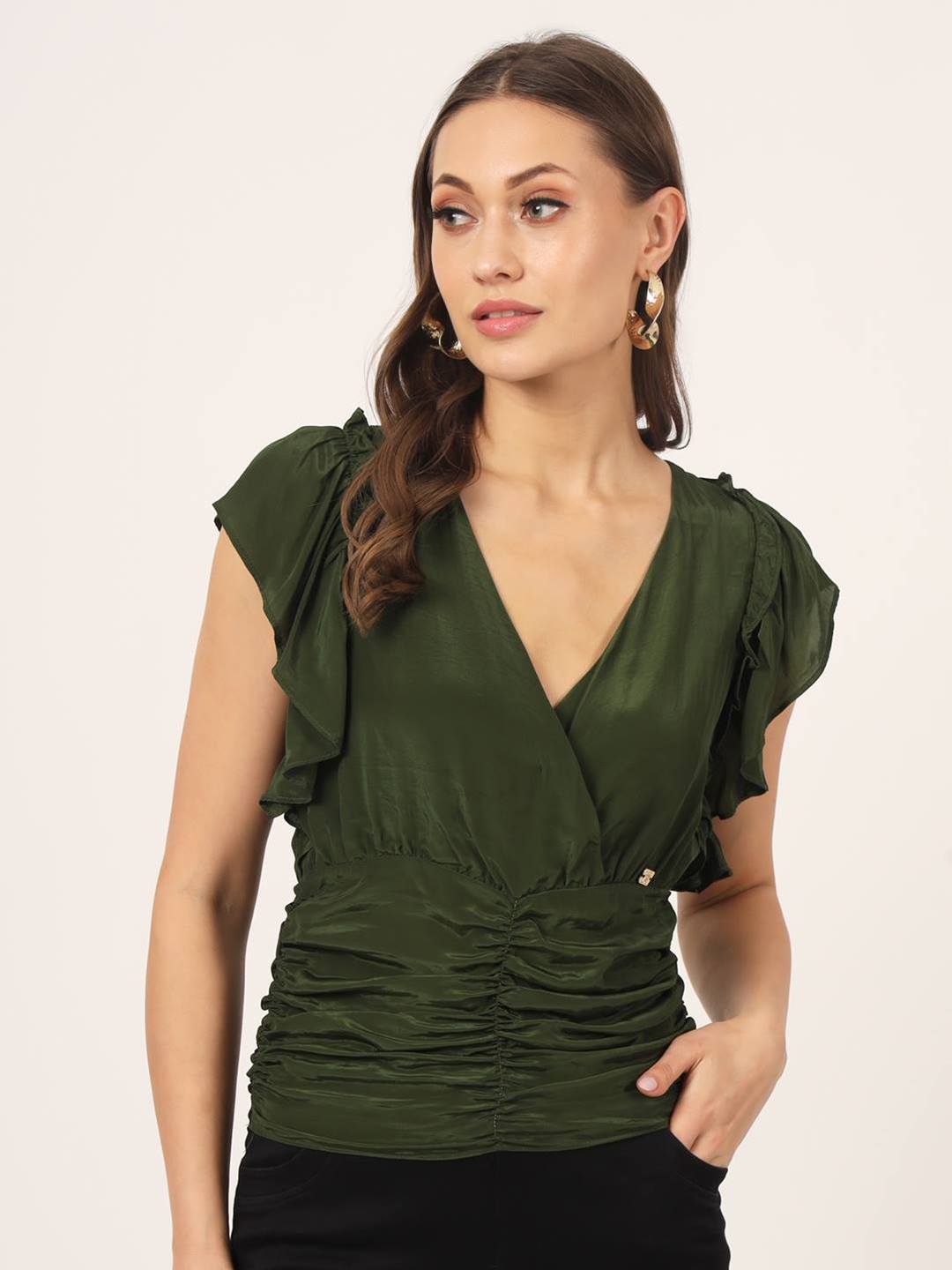 Beatnik Flutter Sleeve V neck Dark Olive Green Top Beatnik India